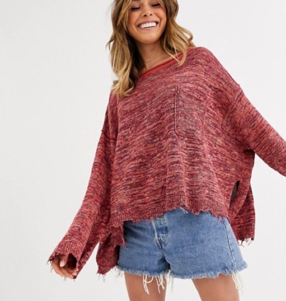Free People Womens XS Orange Multi Prism Space Dye Oversized Knit Sweate